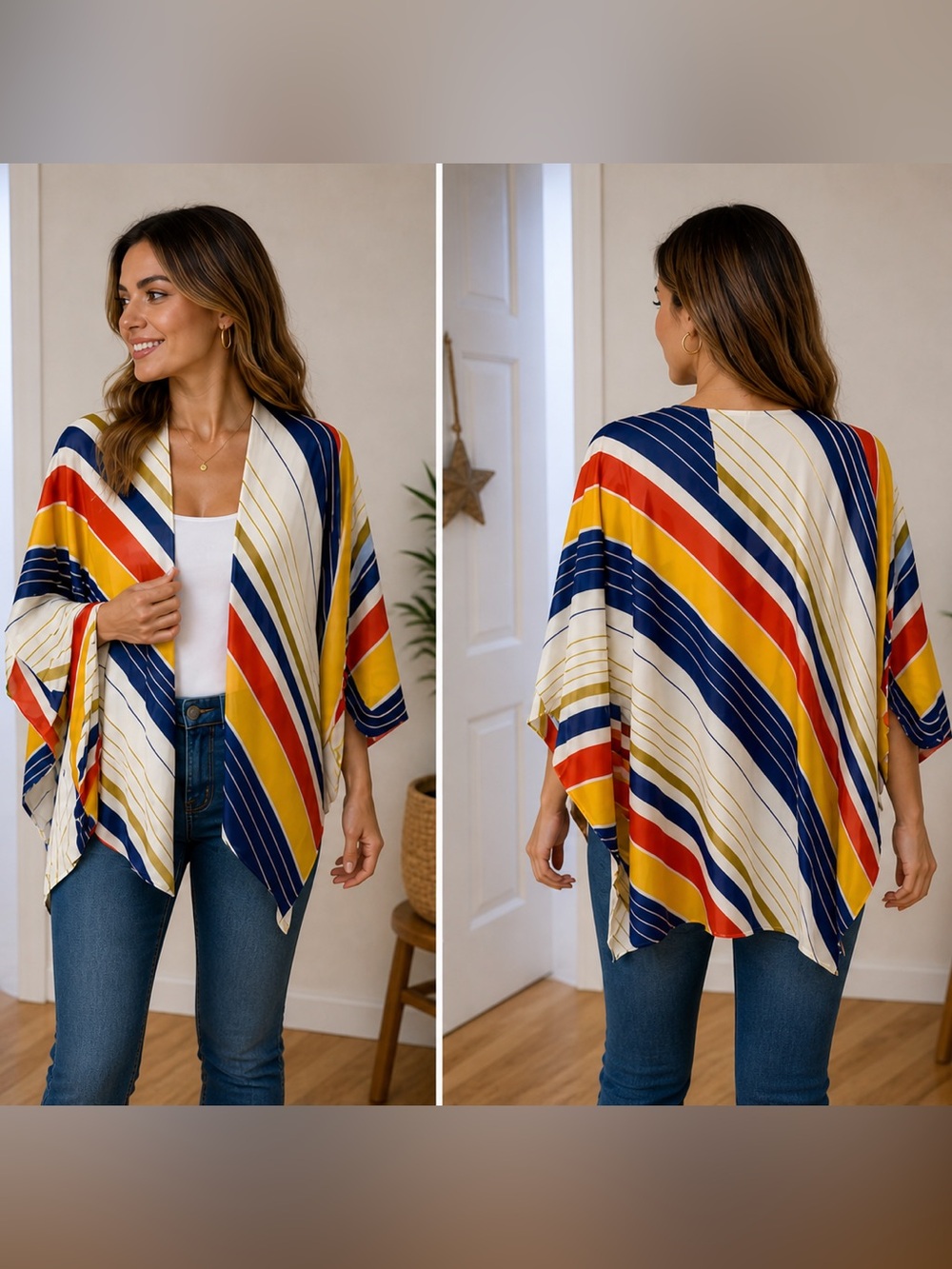 Women's Multi Color Striped Sheer Kimono Cape Shawl Size XS.